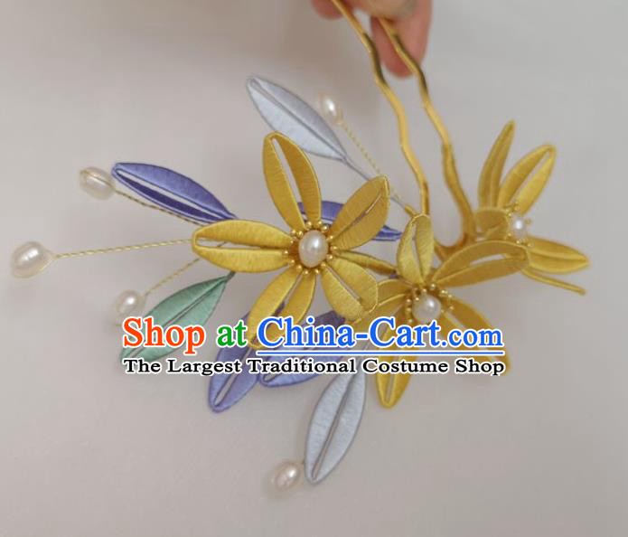 China Ancient Princess Pearls Hair Comb Ming Dynasty Yellow Silk Flowers Hairpin Traditional Hanfu Hair Accessories