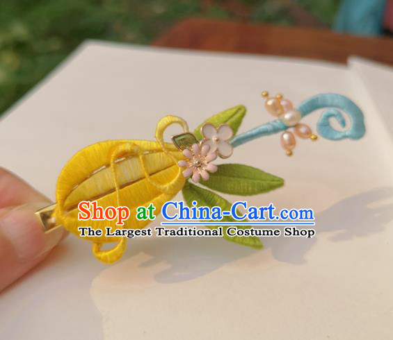 China Ancient Palace Lady Pearls Hairpin Traditional Ming Dynasty Yellow Silk Lute Hair Stick