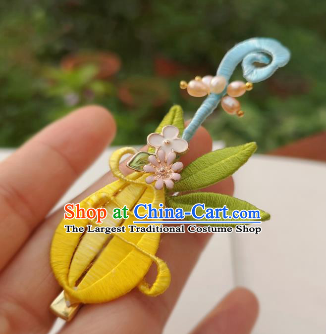 China Ancient Palace Lady Pearls Hairpin Traditional Ming Dynasty Yellow Silk Lute Hair Stick