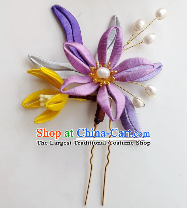 China Ancient Princess Pearls Hairpin Traditional Hanfu Hair Accessories Ming Dynasty Lilac Silk Flowers Hair Stick