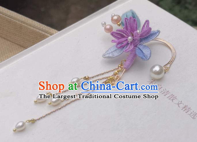 Handmade China Ming Dynasty Pearls Tassel Earrings Pendant Ancient Hanfu Silk Flower Ear Accessories