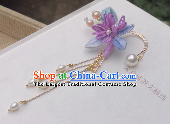 Handmade China Ming Dynasty Pearls Tassel Earrings Pendant Ancient Hanfu Silk Flower Ear Accessories