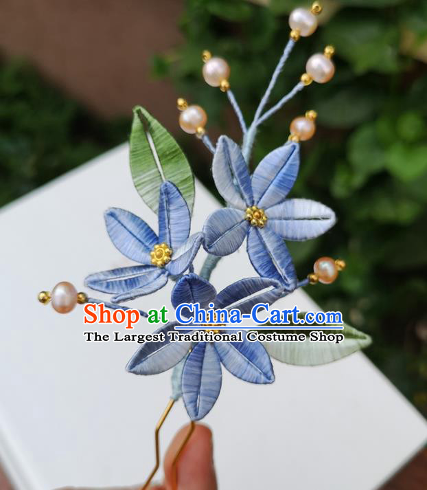 China Ancient Hanfu Blue Silk Flowers Hairpin Traditional Ming Dynasty Pearls Hair Clip