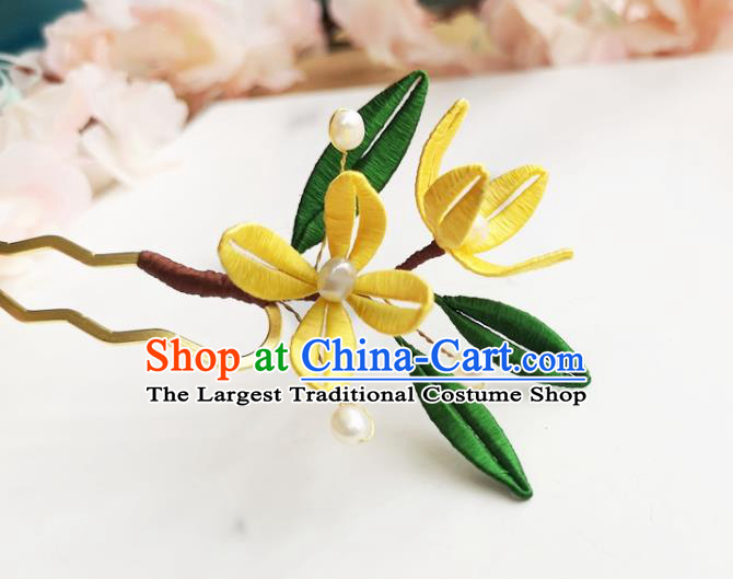 China Ancient Princess Silk Osmanthus Hairpin Traditional Hanfu Hair Accessories Ming Dynasty Pearls Hair Stick
