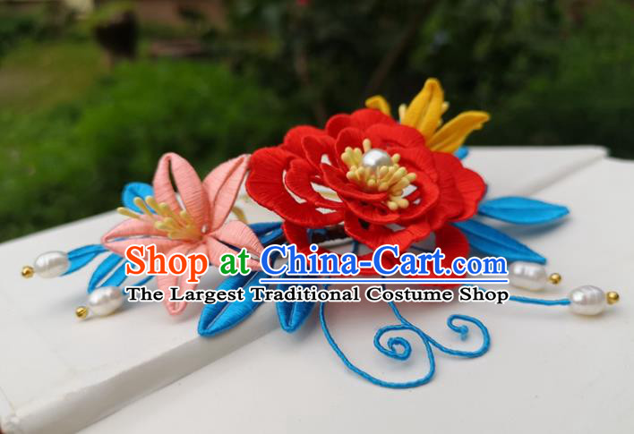 China Traditional Ming Dynasty Red Silk Peony Hair Comb Ancient Palace Lady Hairpin