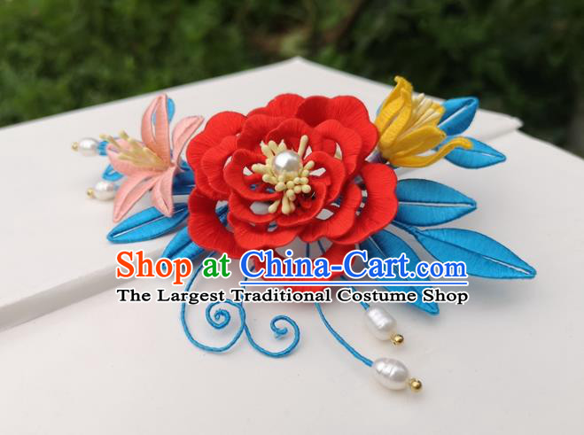 China Traditional Ming Dynasty Red Silk Peony Hair Comb Ancient Palace Lady Hairpin