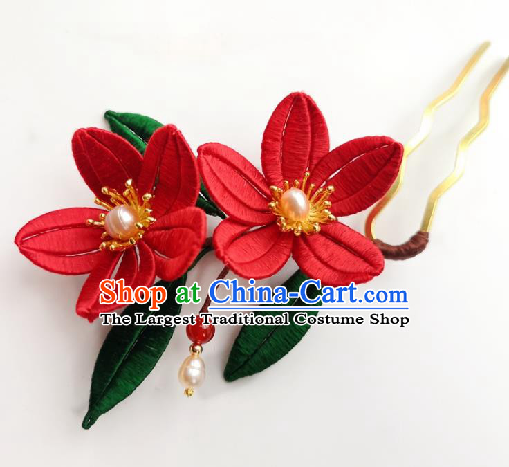 China Traditional Ming Dynasty Red Silk Flowers Hair Stick Ancient Palace Lady Pearls Hairpin
