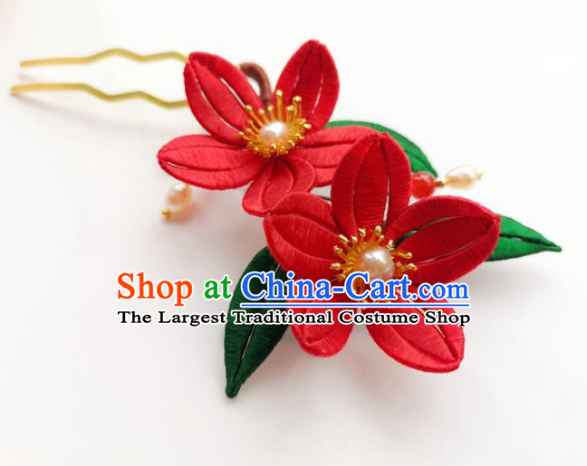 China Traditional Ming Dynasty Red Silk Flowers Hair Stick Ancient Palace Lady Pearls Hairpin