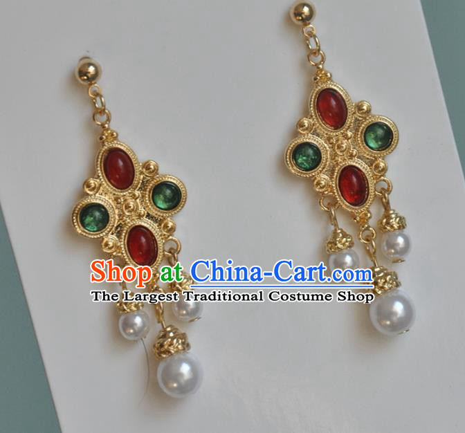 Chinese Classical Cheongsam Gems Ear Accessories Traditional Court Golden Earrings