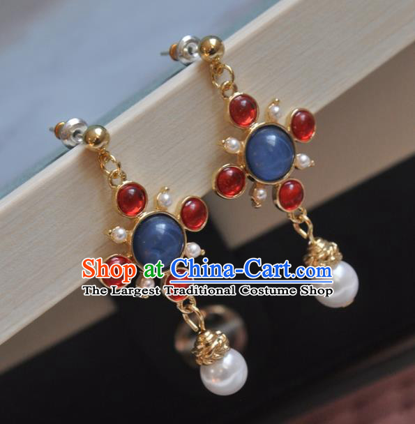 Chinese Classical Cheongsam Lapis Ear Accessories Traditional Court Red Crystal Earrings