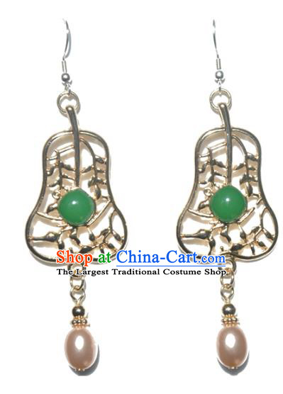 Chinese Classical Cheongsam Golden Fan Ear Accessories Traditional Court Pearl Earrings