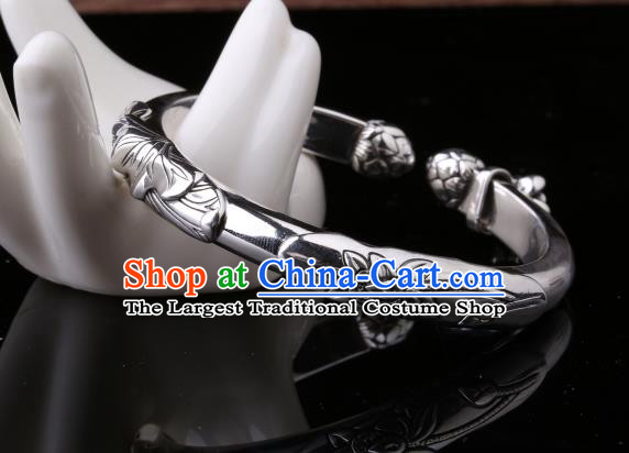 Handmade Chinese Silver Bangle Jewelry Traditional National Carving Lotus Bracelet
