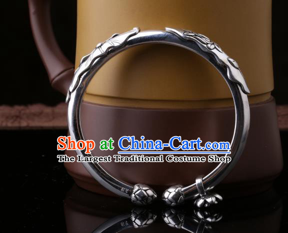 Handmade Chinese Silver Bangle Jewelry Traditional National Carving Lotus Bracelet