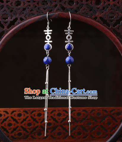 Chinese Classical Wedding Ear Accessories Traditional Cheongsam Silver Tassel Lapis Earrings