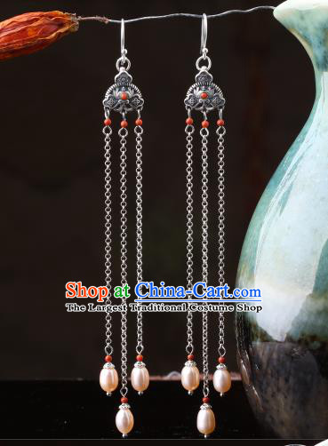 Chinese Classical Pearls Tassel Ear Accessories Traditional Cheongsam Silver Earrings