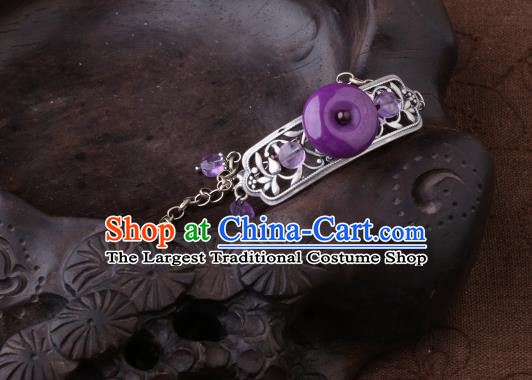 Handmade Chinese Amethyst Bangle Jewelry Traditional National Silver Carving Bracelet