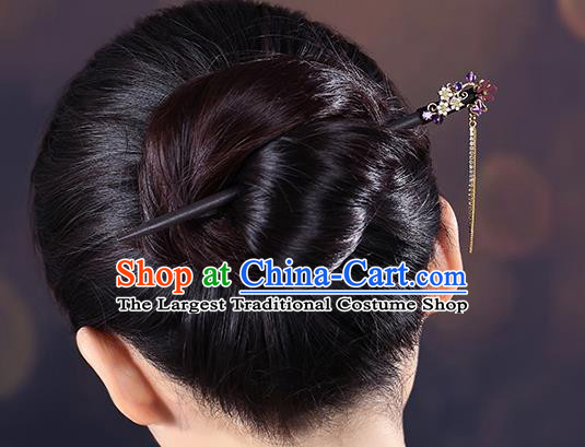 China Classical Crystal Tassel Hair Stick Traditional Cheongsam Hair Accessories Handmade Purple Plum Hairpin