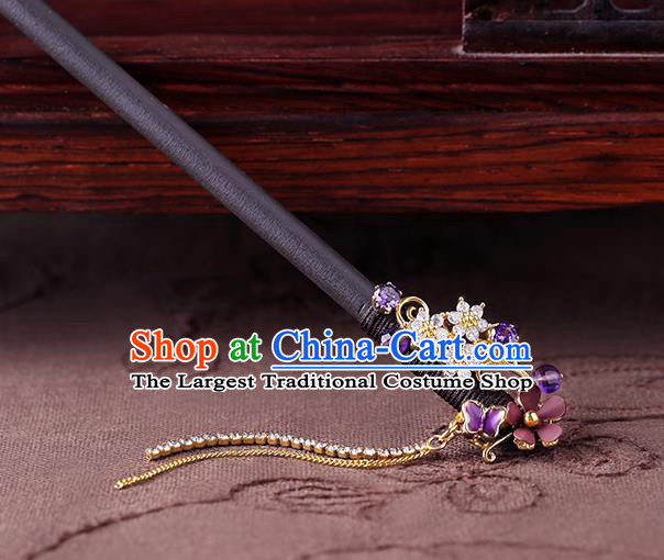 China Classical Crystal Tassel Hair Stick Traditional Cheongsam Hair Accessories Handmade Purple Plum Hairpin