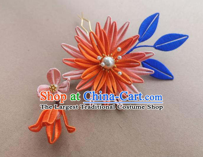 China Traditional Ming Dynasty Orange Silk Epiphyllum Hair Clip Ancient Hanfu Hairpin