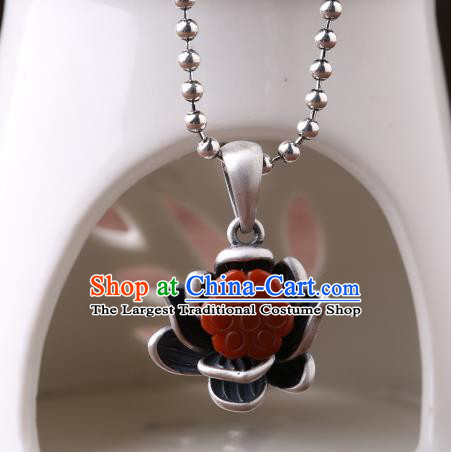 China Classical Cheongsam Agate Lotus Necklace Pendant Traditional Silver Necklet Accessories