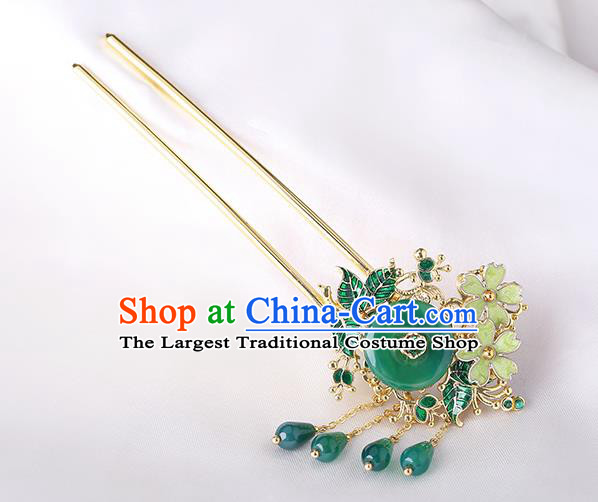 China Classical Chrysoprase Hair Stick Traditional Cheongsam Hair Accessories Handmade Tassel Hairpin