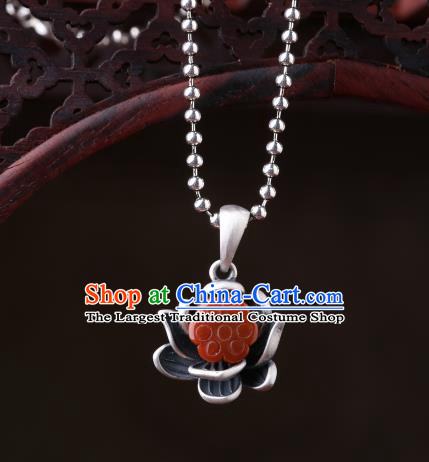 China Classical Cheongsam Agate Lotus Necklace Pendant Traditional Silver Necklet Accessories