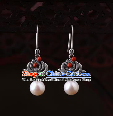 Chinese Classical Silver Lotus Ear Accessories Traditional Cheongsam Pearl Earrings