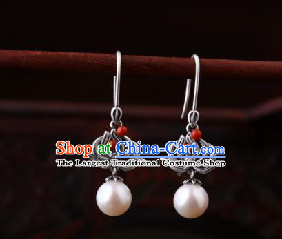 Chinese Classical Silver Lotus Ear Accessories Traditional Cheongsam Pearl Earrings