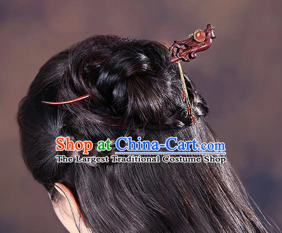China Classical Tassel Hair Stick Traditional Cheongsam Hair Accessories Handmade Carving Phoenix Rosewood Hairpin