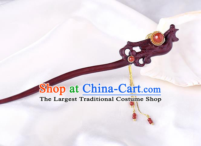 China Classical Tassel Hair Stick Traditional Cheongsam Hair Accessories Handmade Carving Phoenix Rosewood Hairpin