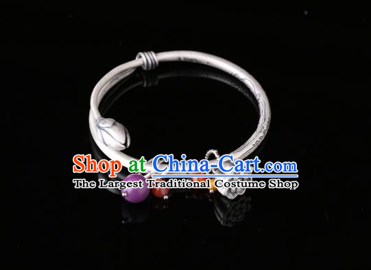 Handmade Chinese Silver Lotus Seedpod Bangle Jewelry Traditional Wristlet National Bracelet