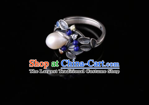 Handmade Chinese Silver Bamboo Ring Jewelry Traditional National Lapis Circlet