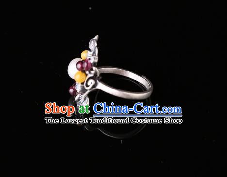 Handmade Chinese Pearl Ring Jewelry Traditional National Garnet Silver Circlet
