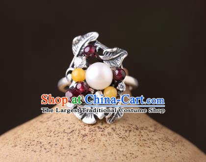 Handmade Chinese Pearl Ring Jewelry Traditional National Garnet Silver Circlet