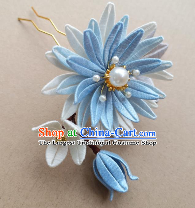 China Ancient Palace Lady Hairpin Traditional Ming Dynasty Blue Silk Epiphyllum Hair Clip