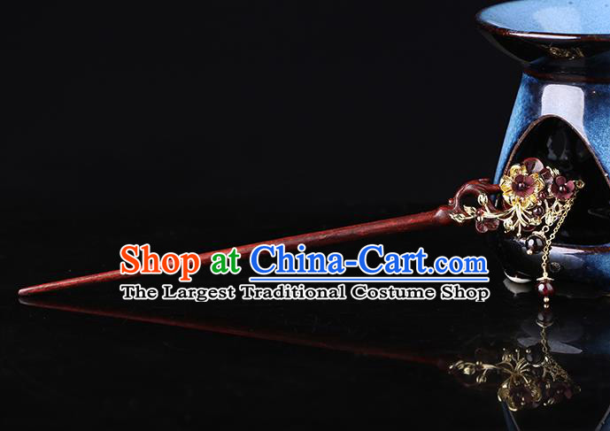 China Classical Garnet Tassel Hair Stick Traditional Cheongsam Hair Accessories Handmade Rosewood Hairpin