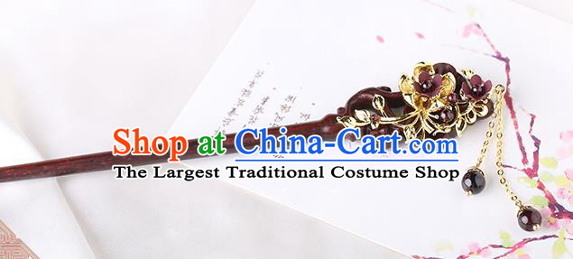 China Classical Garnet Tassel Hair Stick Traditional Cheongsam Hair Accessories Handmade Rosewood Hairpin
