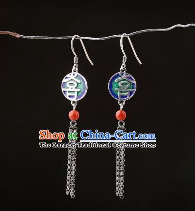 Chinese Classical Wedding Silver Ear Accessories Traditional Cheongsam Cloisonne Earrings