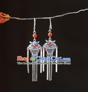 Chinese Classical Wedding Silver Tassel Ear Accessories Traditional Cheongsam Cloisonne Basket Earrings