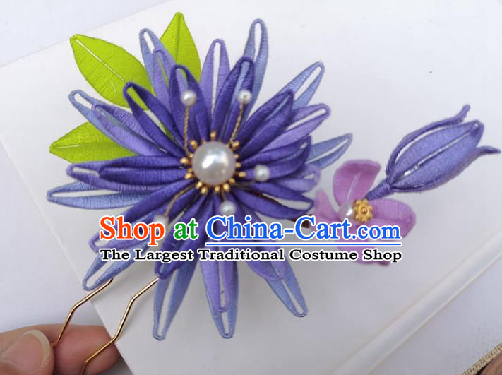 China Ancient Princess Hairpin Traditional Ming Dynasty Purple Silk Epiphyllum Hair Stick