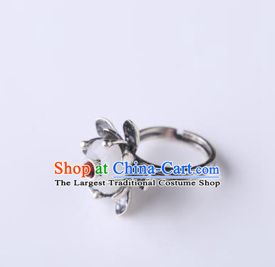 Handmade Chinese National White Jade Ring Jewelry Traditional Silver Lotus Circlet