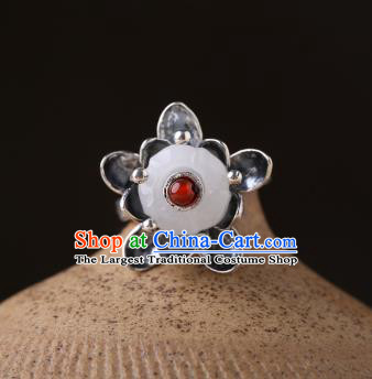 Handmade Chinese National White Jade Ring Jewelry Traditional Silver Lotus Circlet