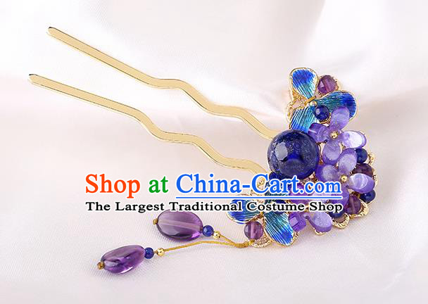 China Classical Amethyst Flowers Hair Stick Traditional Cheongsam Hair Accessories Handmade Cloisonne Hairpin