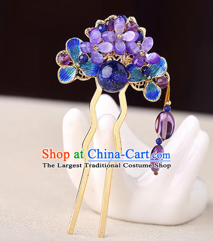 China Classical Amethyst Flowers Hair Stick Traditional Cheongsam Hair Accessories Handmade Cloisonne Hairpin