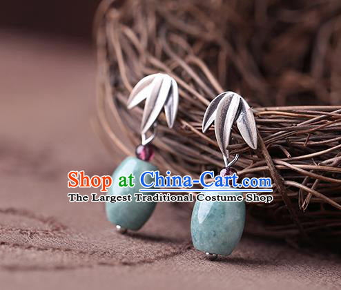 Chinese Classical Silver Bamboo Leaf Ear Accessories Traditional Cheongsam Jade Earrings
