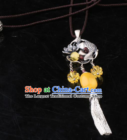 China Classical Carving Lotus Fish Necklace Pendant Traditional Cheongsam Beeswax Silver Tassel Accessories
