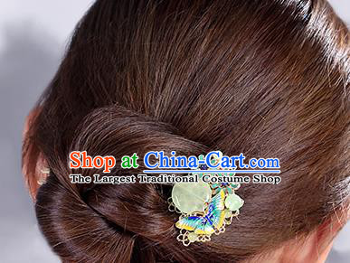 China Classical Chrysoprase Hair Stick Traditional Cheongsam Hair Accessories Handmade Enamel Butterfly Hairpin