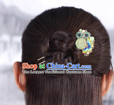 China Classical Chrysoprase Hair Stick Traditional Cheongsam Hair Accessories Handmade Enamel Butterfly Hairpin