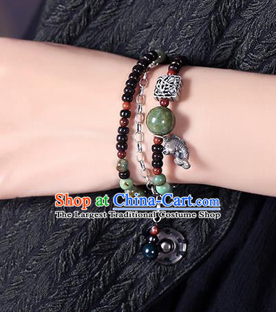 Handmade Chinese Garnet Beads Bangle Jewelry Traditional National Silver Fish Bracelet Wristlet
