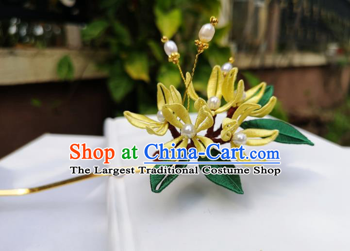 China Ming Dynasty Osmanthus Hair Stick Traditional Ancient Princess Yellow Silk Flowers Hairpin